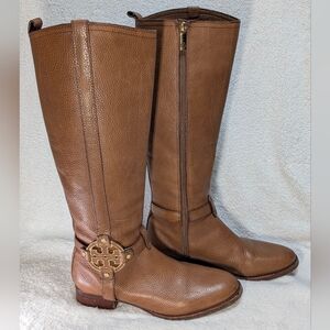 Tory Burch Amanda Riding Boots Women's 9 Chestnut Brown Leather Gold Accent